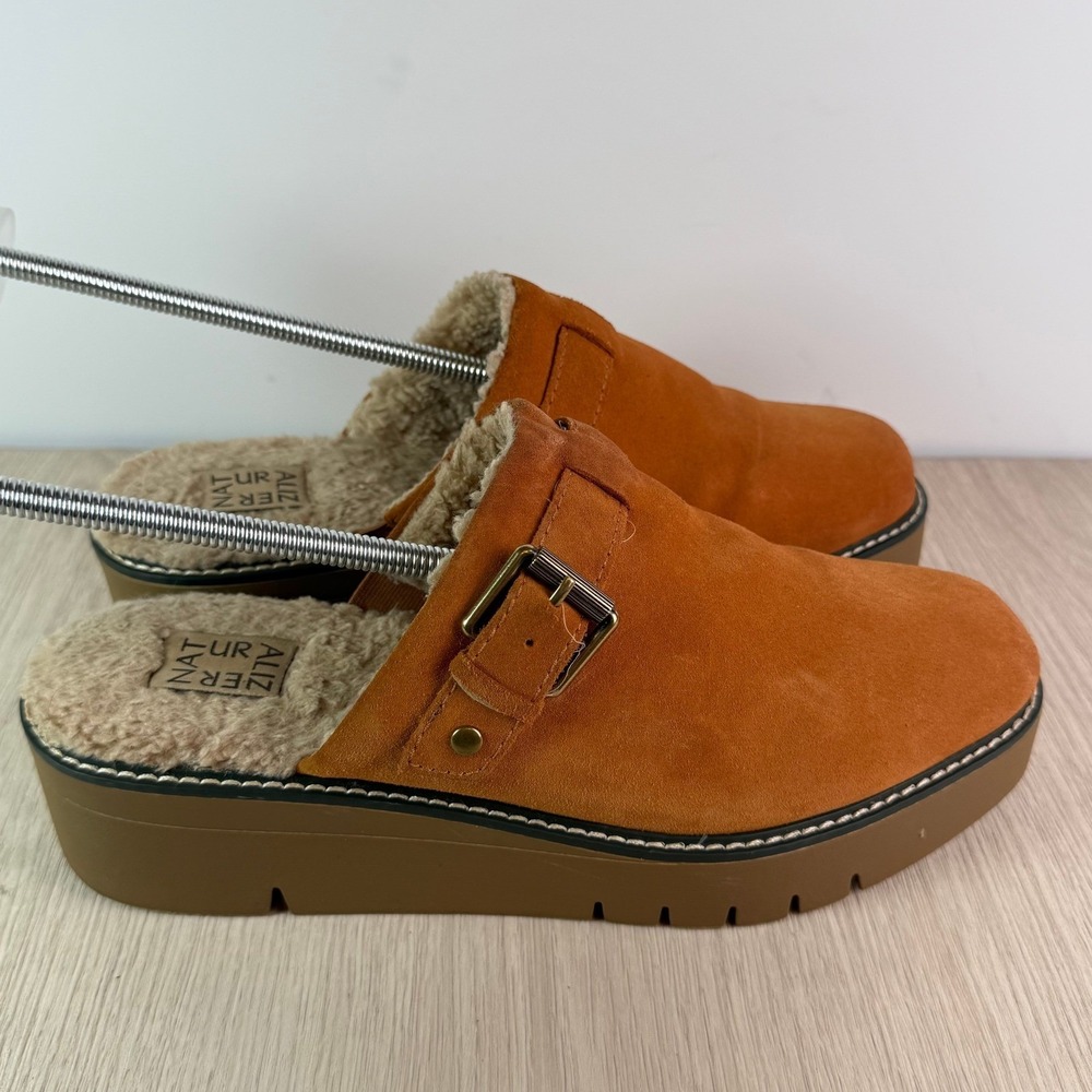 Naturalizer Womens Tan Suede Faux Shearling Platform Clogs Buckle Mules‎ Slip On